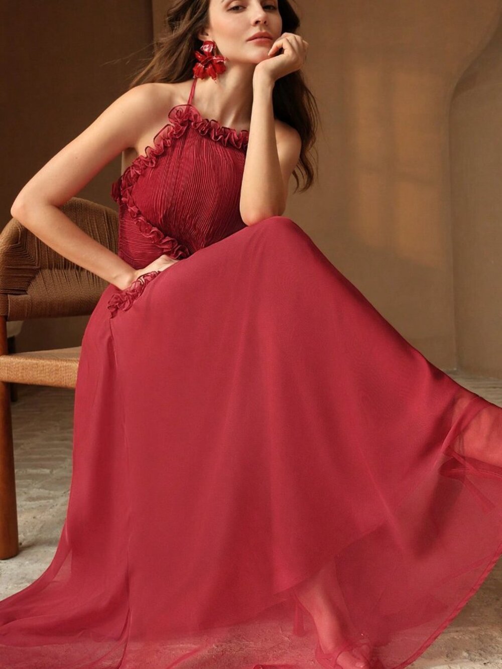 Red Elegant Women's Spaghetti Strap Ruched Waist Flounce Hem Maxi Dress - Picture 8 of 8